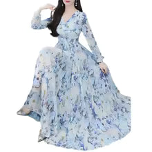 Vacation Style Women Summer V Neck Long Sleeve Butterfly Print Flared Hem Maxi Dress