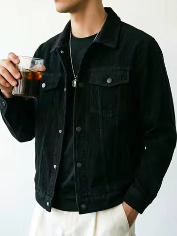 Mens Corduroy Trucker Jacket Turn Down Collar Double Chest Pockets