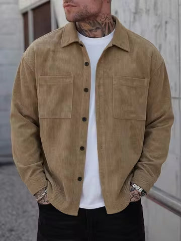 Mens Corduroy Trucker Jacket Turn Down Collar Double Chest Pockets
