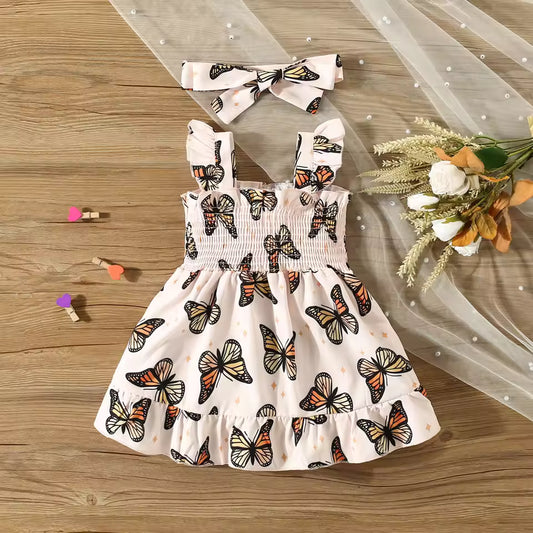 Summer Butterfly Print Small Flying Sleeve Cotton Baby Girl Dress