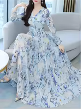 Vacation Style Women Summer V Neck Long Sleeve Butterfly Print Flared Hem Maxi Dress