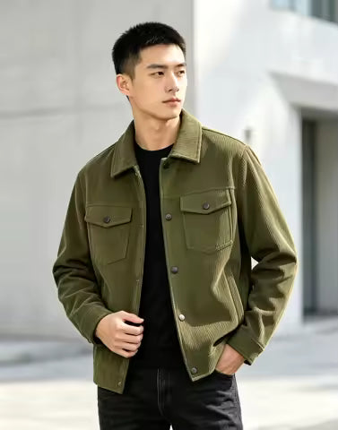 Mens Corduroy Trucker Jacket Turn Down Collar Double Chest Pockets